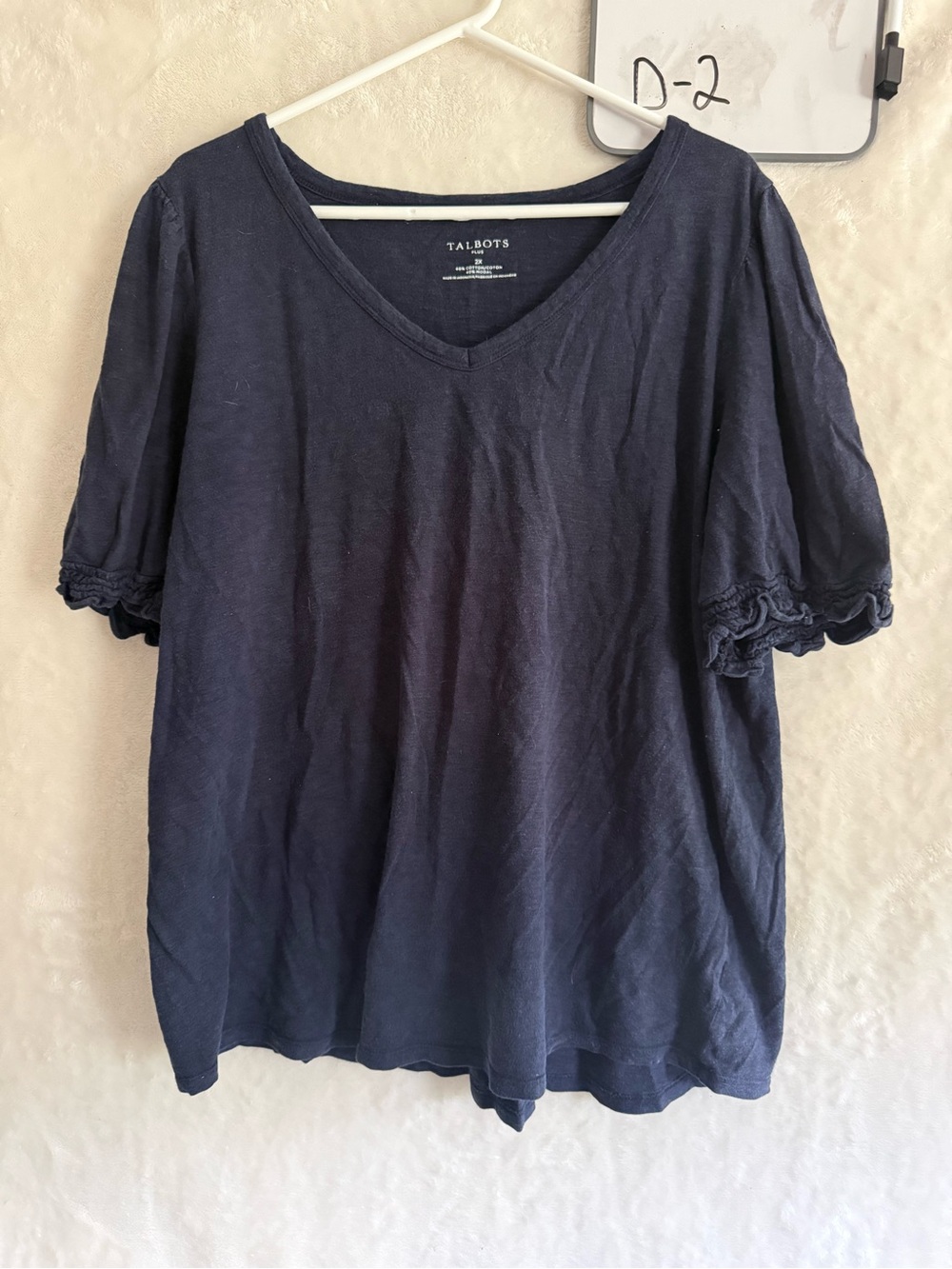 Talbots Navy V-Neck Short Sleeve Tee with Ruffle Sleeves